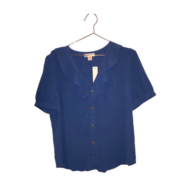 Monteau blue button up ruffle front blue blouse size XL new with tag - Picture 1 of 6